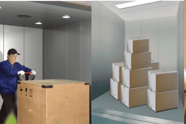 Vận chuyển hàng hóa bằng xe nâng tay vào thang tải hàng công nghiệp